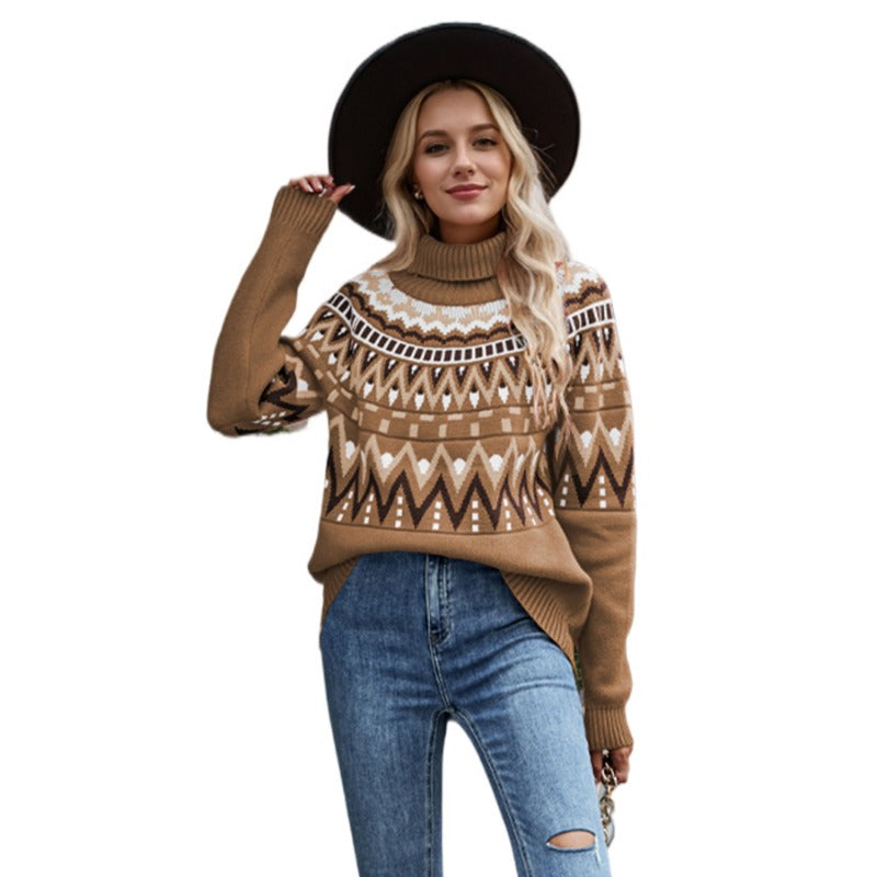 Wholesale Retro Striped Stitching Contrast Color Sweater Turtleneck Loose Knit Cardigan